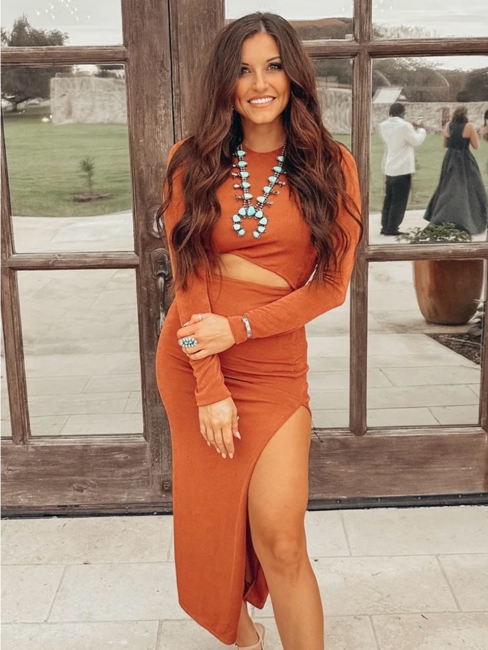 Rust Cutout Long Sleeve Maxi Dress with Thigh Slit